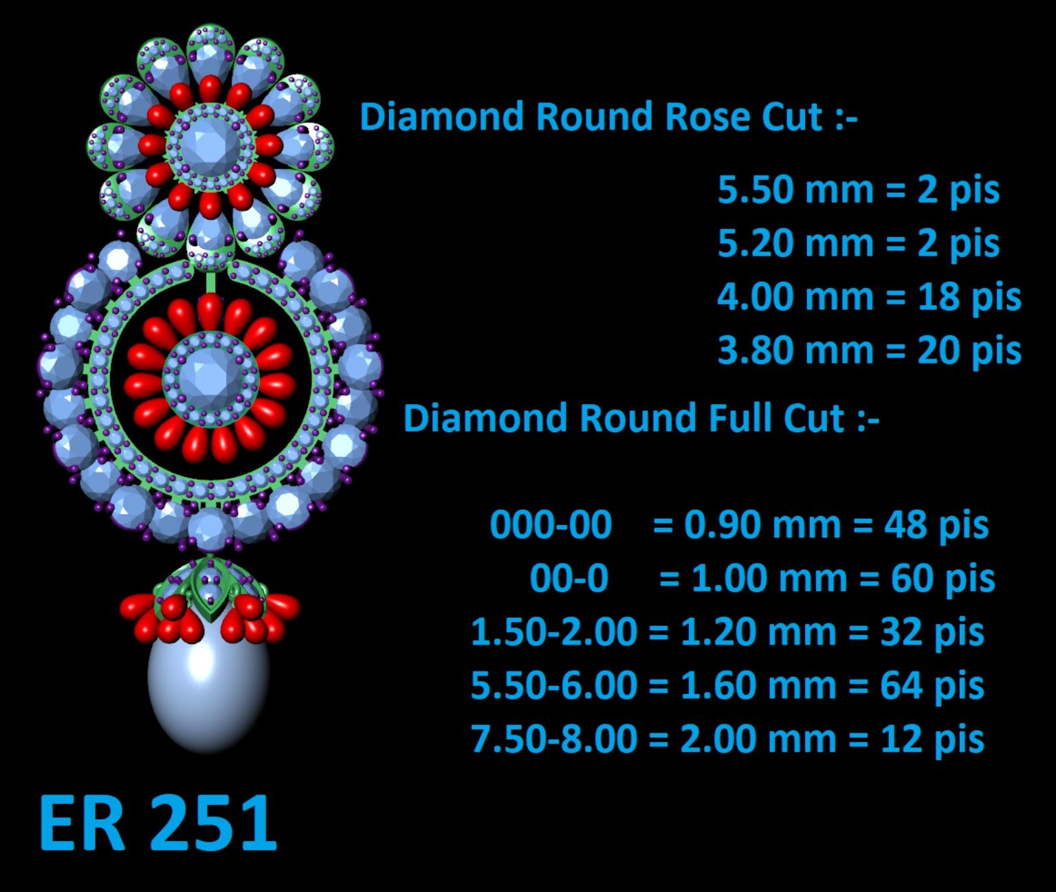 Complex earring CAD with rose-cut and full-cut diamond details