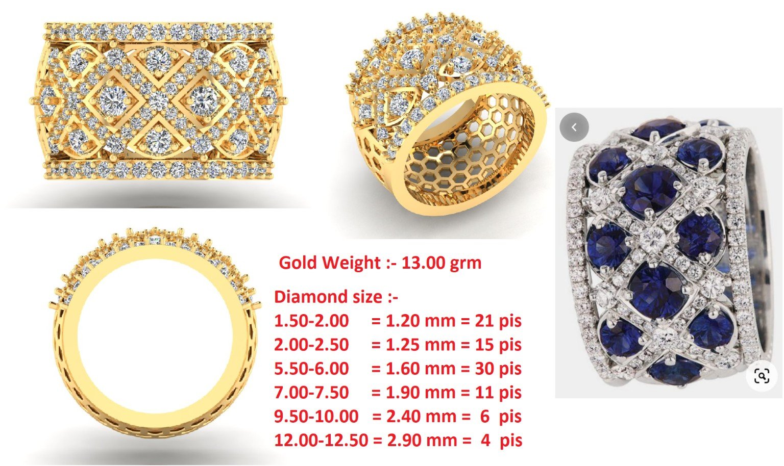 Ring CAD and render with gold weight and diamond size details