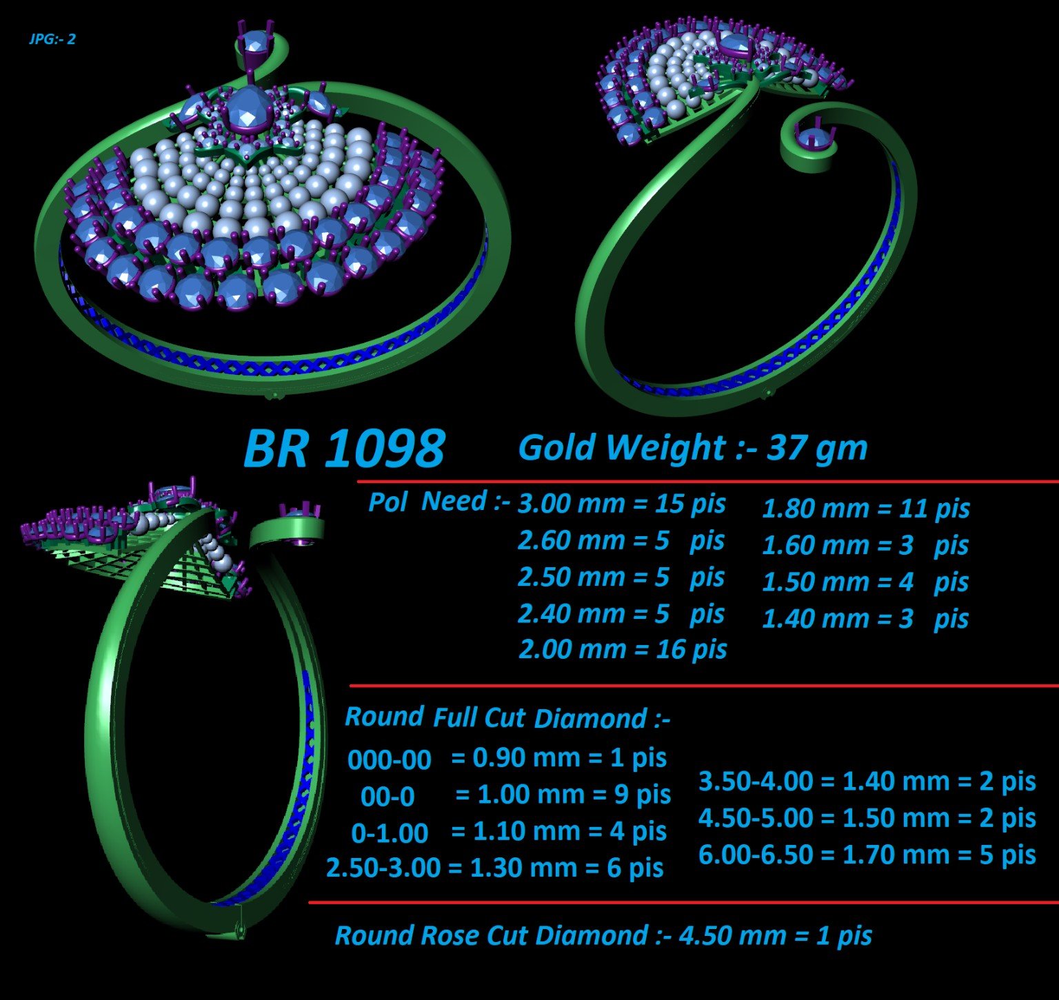 Bangle CAD with gold weight and stone requirements