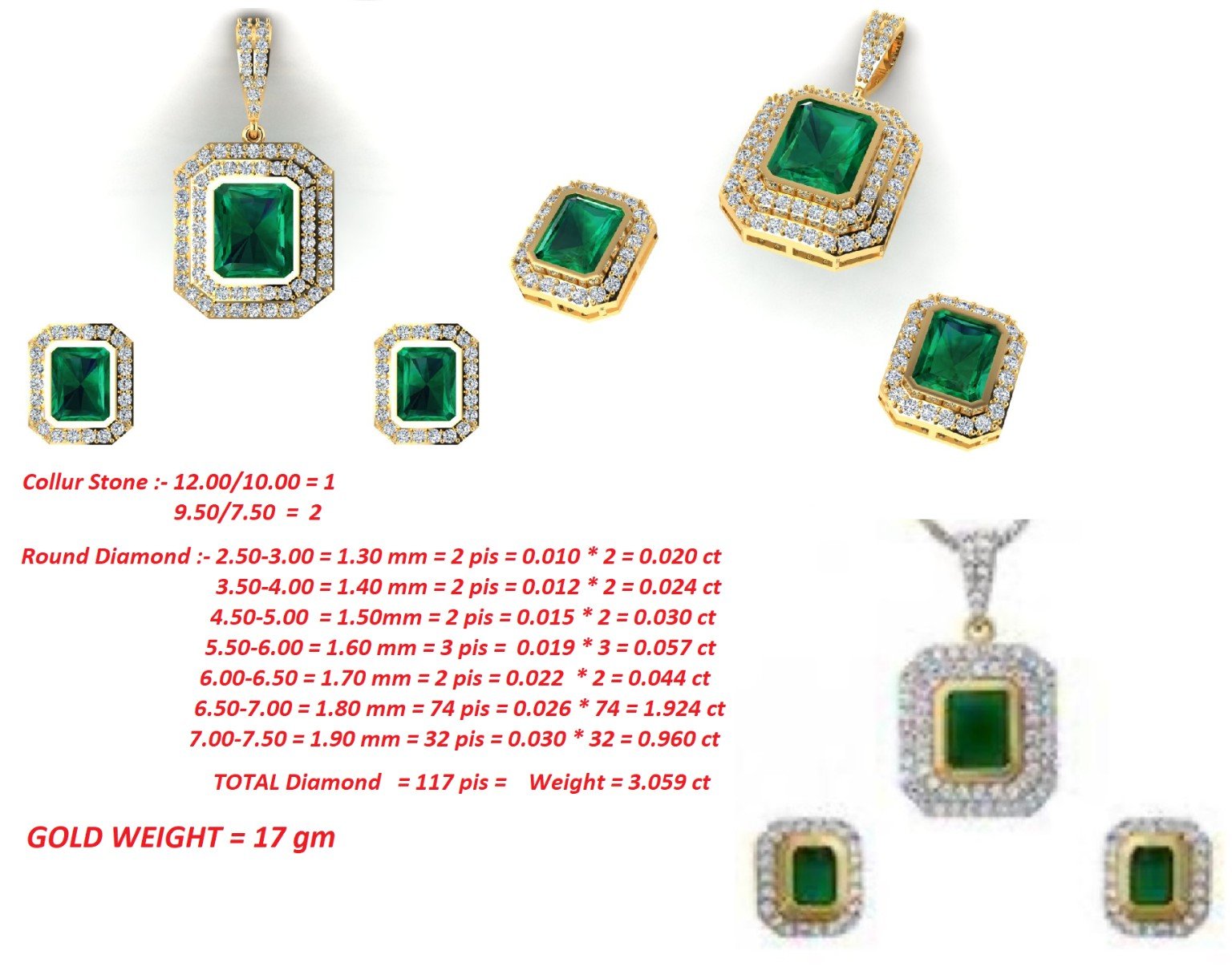 Emerald pendant and earrings technical sheet