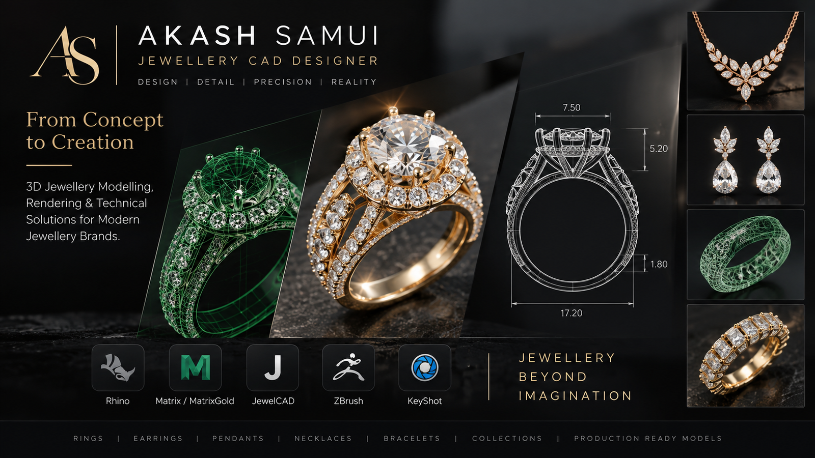 Akash Samui jewellery CAD designer portfolio banner showing ring rendering, CAD wireframe and technical drawing